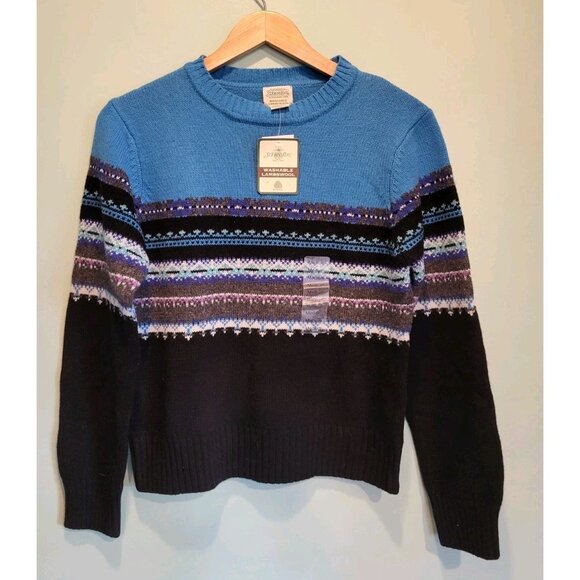 Vtg Deadstock Womens Blue Black Washable Lambswool Fair Isle Sweater Sz M - Picture 1 of 7